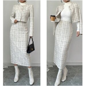 Classic Plaid Print Tweed Button Jacket Skirt Set